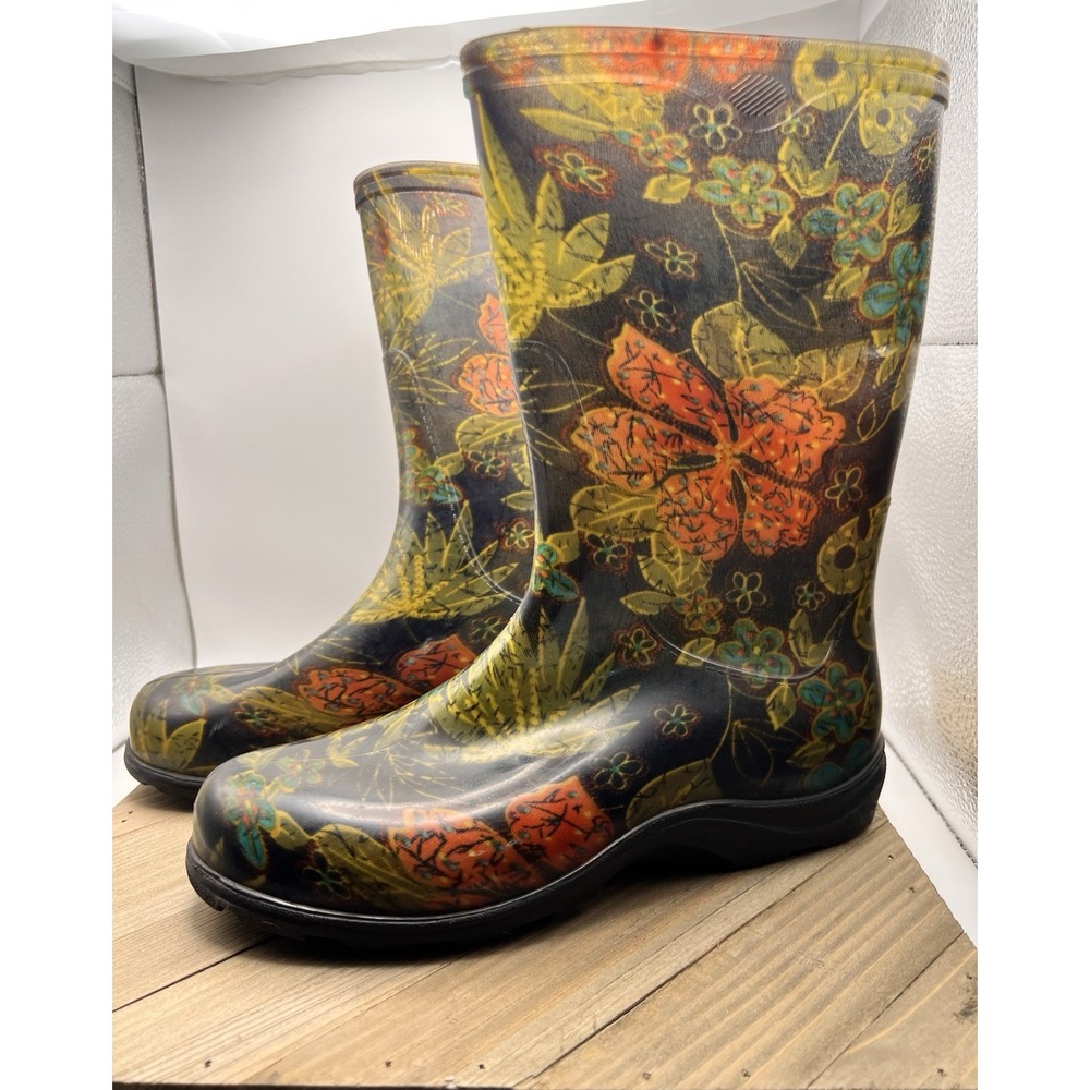 Sloggers Womens Rain Garden Boots Black Floral Waterproof Mid-Calf Size 7 muck